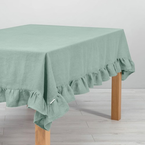 LNIANY OBRUS Z FALBANĄ | PASTELOWA ZIELEŃ